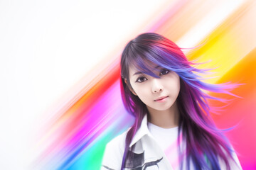 Transgender Asian woman with colorful hair, rainbow background.