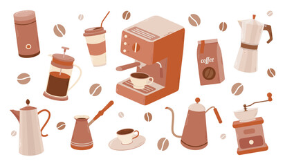 Set coffee elements collection. Coffee supplies icons. Maker, French press, pot, coffee machine. Vector illustration