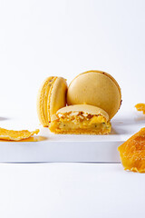 Colorful French Macarons on White Background