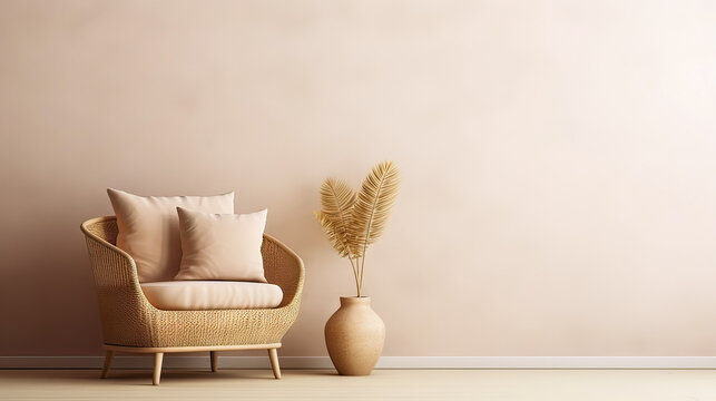 Boho cozy living room design, bright wall mockup