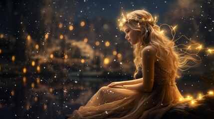 Christmas fairy tale scene with a beautiful young girl in a golden dress - Powered by Adobe
