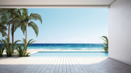 Sea view empty large living room of luxury summer beach house with swimming pool near wooden terrace. Big white wall background in vacation home or holiday villa. Hotel interior - Powered by Adobe