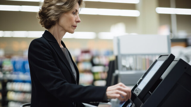 A person uses a self-checkout device in a supermarket