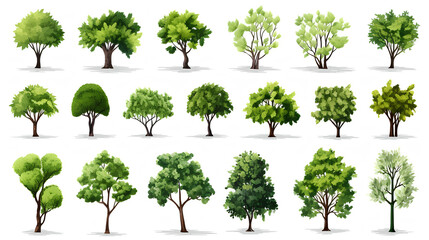 set of different types of trees on white background