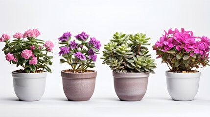 set of flower plants in ceramic pots on white background - obrazy, fototapety, plakaty