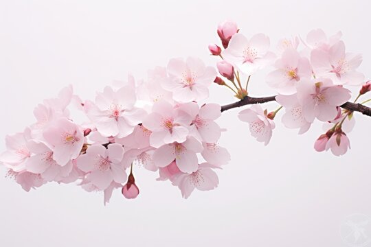Photo of delicate cherry blossoms on a solid white background. Generative AI