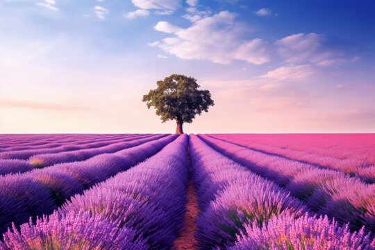 Photo of a picturesque field of lavender against a solid white background. Generative AI
