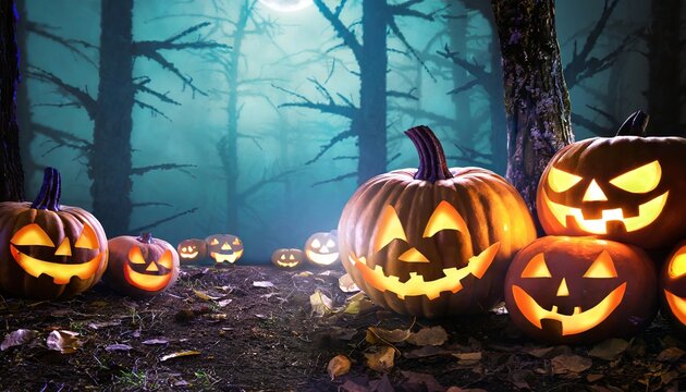 Halloween pumpkins in the forest at night , generated by AI