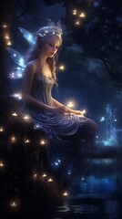 Beautiful fairy girl in a night forest. Fairytale scene.