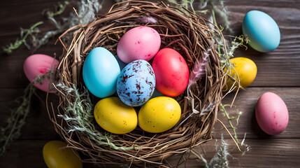 Fototapeta na wymiar Colorful Easter Eggs with Polka Dot Patterns in a Wicker Nest.