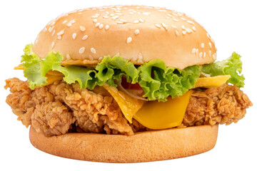 Chicken Hamburger with cheese, tomato, onion, lettuce on white background, FriedChicken Hamburger isolate on white PNG File.