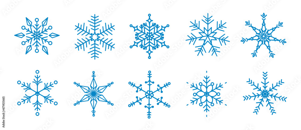 Poster set of snowflakes linear vector icon. geometric snowflake shape, nature and winter related vector sy