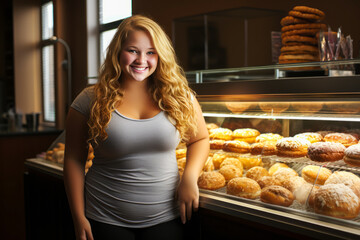 Happy curvy blonde woman in bakery, proudly enjoying pastries.