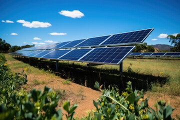 Solar panels in the field, eco energy, green technologies, sustainable resources