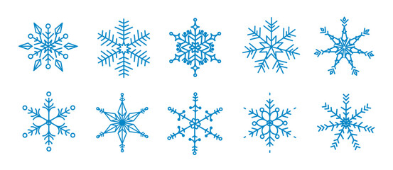 Fototapeta na wymiar Set of snowflakes linear vector icon. Geometric snowflake shape, nature and winter related vector symbol hand drawn contour collection. Line art illustration design for logo, sticker, christmas.