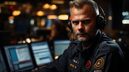 Man police officer with headphones with microphone in call center. Remote customer consulting concept. AI generated
