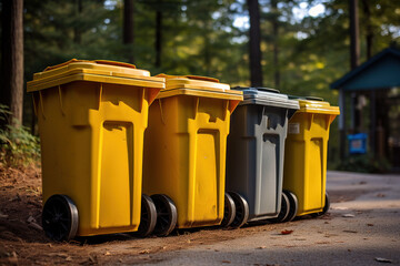 Multicolored garbage containers in urban environment, sorting and recycling of garbage