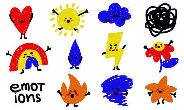 Set of random abstract emotional icons on a white background. Rainbow, heart, sun, drop, fire, lightning. Vector elements with internal emotions. For a children's set of positive and negative emotions