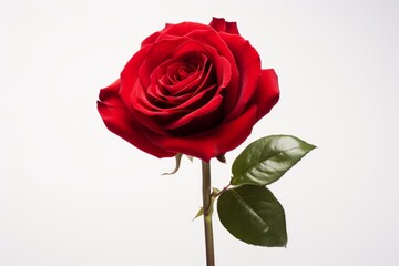 Photo of a vibrant red rose on a solid white background. Generative AI