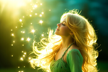 Inspired woman with green robe amidst flying sparks in sunlight. - obrazy, fototapety, plakaty