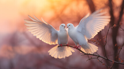 Two white doves embrace in sky at dusk. Concept of harmony, affection, commitment, eternity, spirituality, tranquility, warmth, idyll, tenderness.