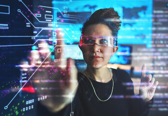 Woman with cybersecurity, hologram button and glasses with vr, futuristic technology and location privacy. Data protection overlay, iot dashboard and research programmer with virtual reality goggles. - obrazy, fototapety, plakaty