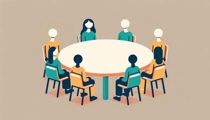 A group of gender-neutral figures of diverse ethnicities engaging in a balanced discussion around a headless round table.

