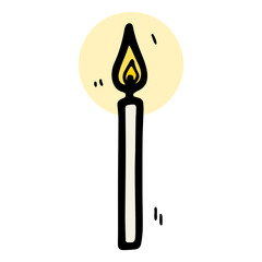 Cute doodle burning long candle. Hand-drawn color decor isolated on white background. Holiday, Valentines Day, Birthday, Christmas, spa, church, Halloween symbol. Vector festive romantic illustration