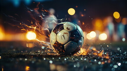 Fototapeta premium Soccer ball on dirty field at end of game closeup. Professional sport soccer concept. AI generated