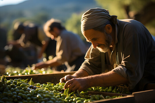 Farmers picking olives.