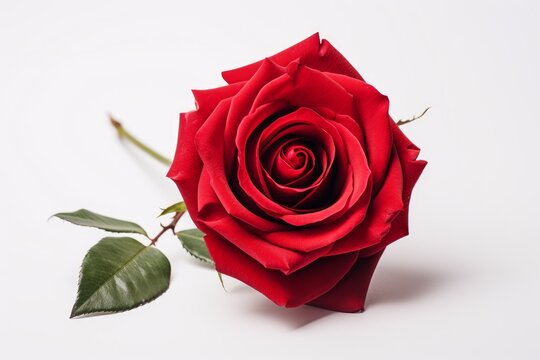 Photo of a vibrant red rose on a solid white background. Generative AI