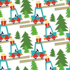 Christmas pattern with blue car and Christmas gift. The road through the forest. Geometric typewriter on a white. It can be used in the textile industry, paper production, background, scrapbooking