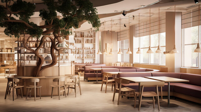 restaurant cafe interior, with soft colors