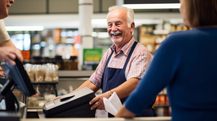 A happy supermarket cashier at work - obrazy, fototapety, plakaty