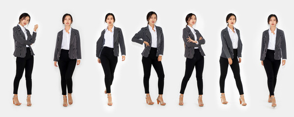 Different pose of same Asian woman full body portrait set on white background wearing formal...