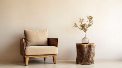 Warm neutral interior wall mockup in soft minimalist living room with rounded beige armchair, wooden side table