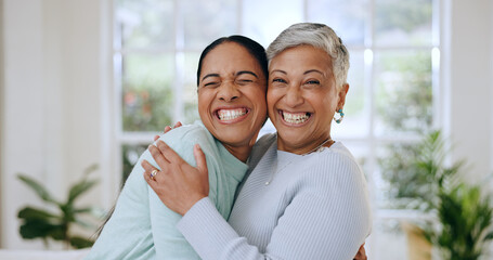 Hug, love and portrait of mother and daughter in home for bonding, relationship and smile together....