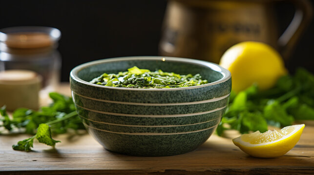 Green lemon tea in a bowl made with dried sencha