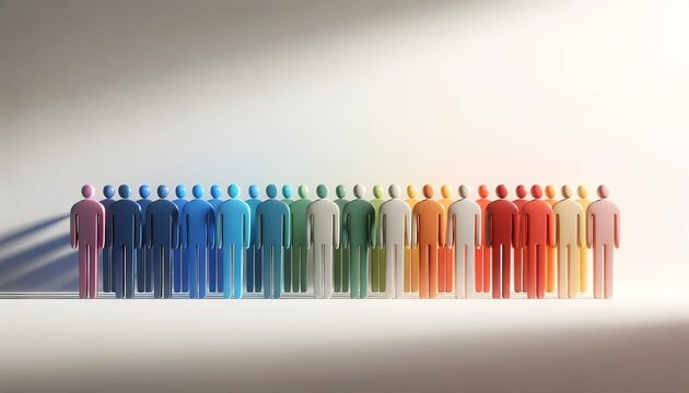 This piece features a row of featureless, gender-neutral figures, each filled with a unique solid color, signifying a spectrum of human diversity united on a common ground.