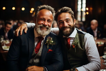 Smiling male lgbt couple in suits with boutonniere getting married. LGBT marriage concept. AI generated - obrazy, fototapety, plakaty