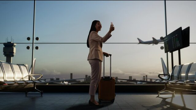 Asian Businesswoman Waving Hand Having A Video Call On Smartphone At The Airport
