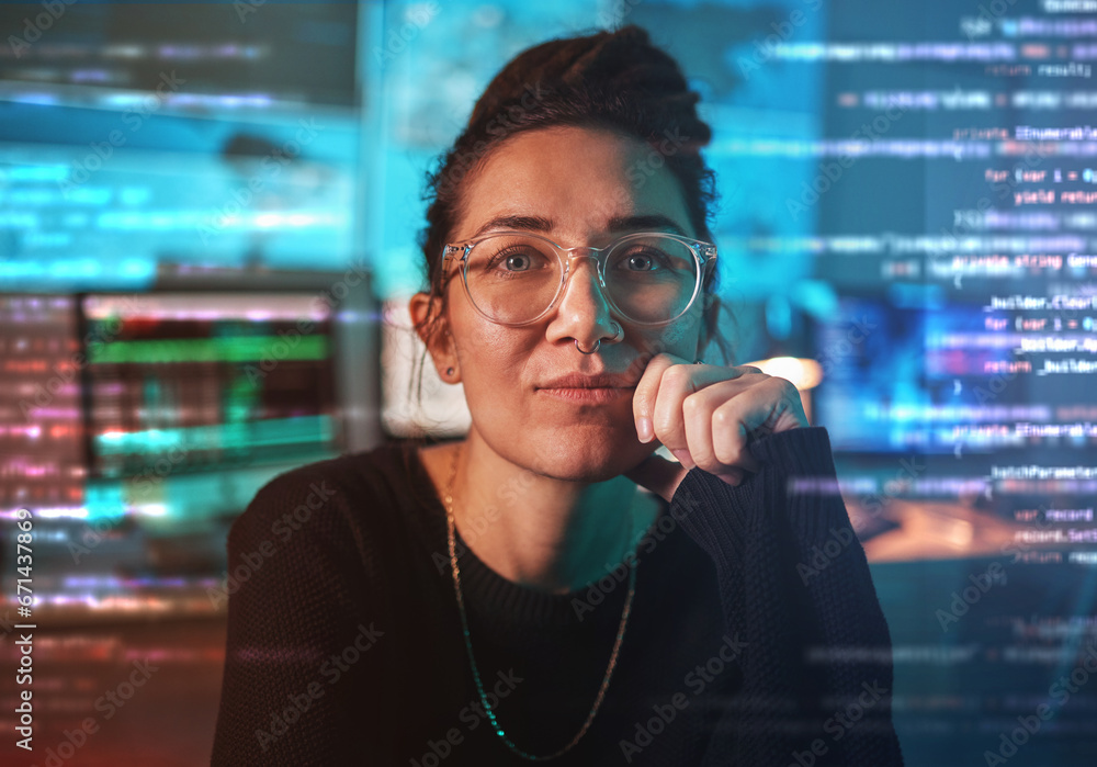 Aufkleber Portrait of woman, coding and cybersecurity, hologram screen and agent with malware, futuristic technology and privacy. Data protection overlay, iot dashboard and programmer on virtual reality login