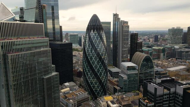 Aerial view of 30 St Mary Axe (Gherkin) building, London, England, UK