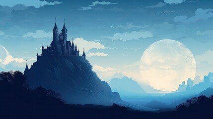 Magic castle on the hill against the background of the moon