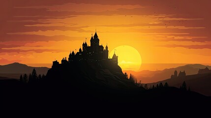 Magic castle in the mountains at sunset