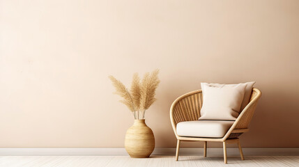 Boho cozy living room design, bright wall mockup