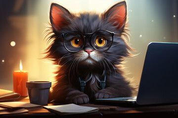 A cat working on laptop in an office , drawing style.