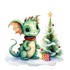 Fototapeta premium Fantasy watercolor christmas dragon with gift boxes. Symbol of the year 2024. Generative AI