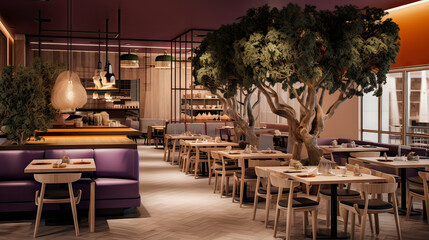 restaurant cafe interior, with soft colors