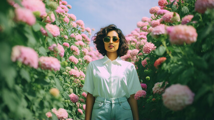 Beautiful young woman with curly hair in a white shirt among flowers